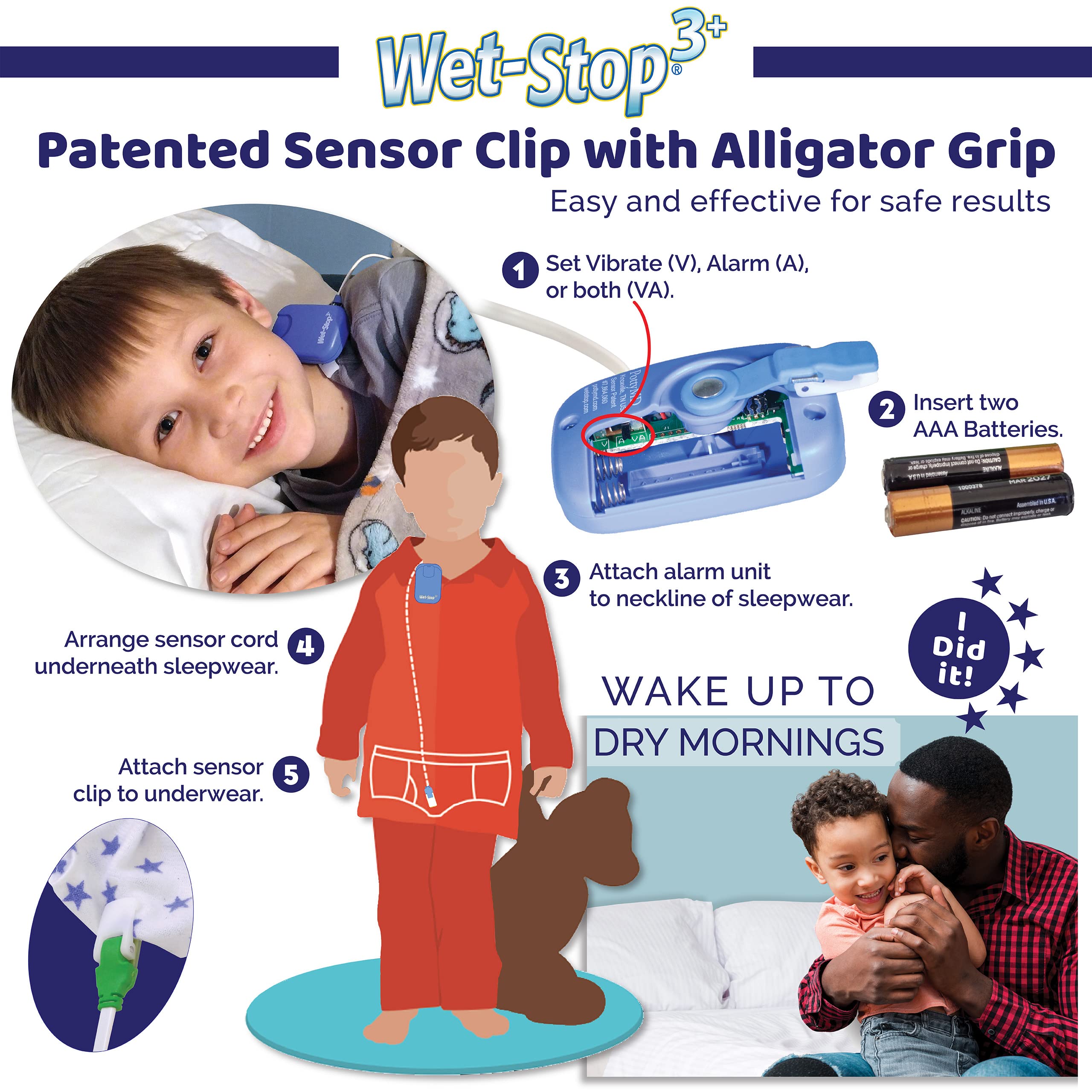 Wet-Stop 3 blue compact alarm unit powered by two AAA batteries for portability