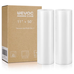 Wevac 11x50 rolls with embossed channels for airtight freezer storage.