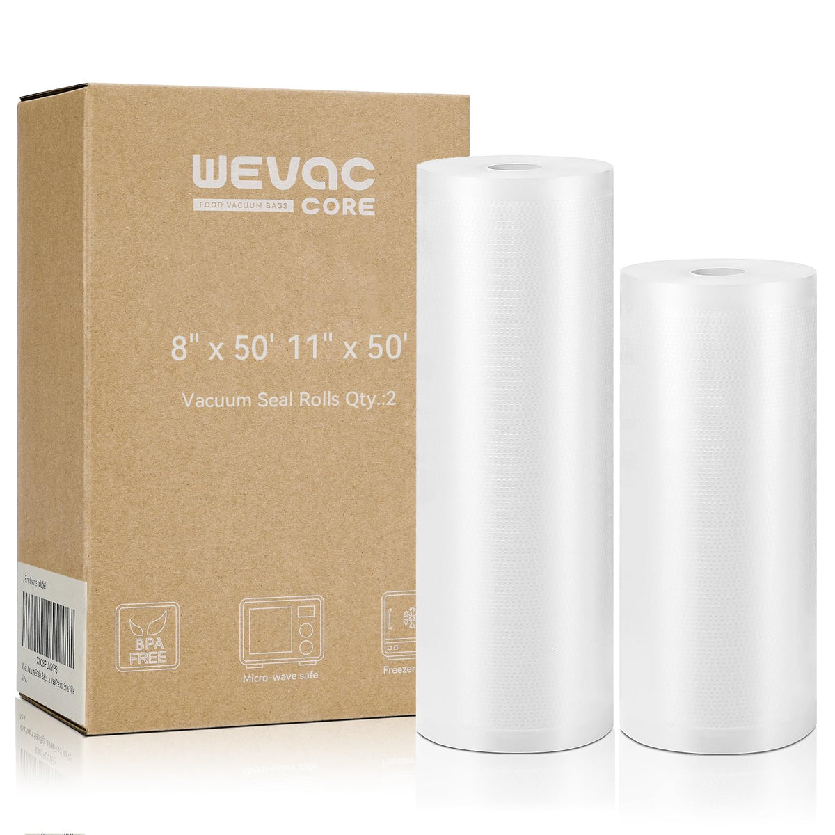 Wevac 8x50 bag with embossed channels for a strong seal and freezer storage.