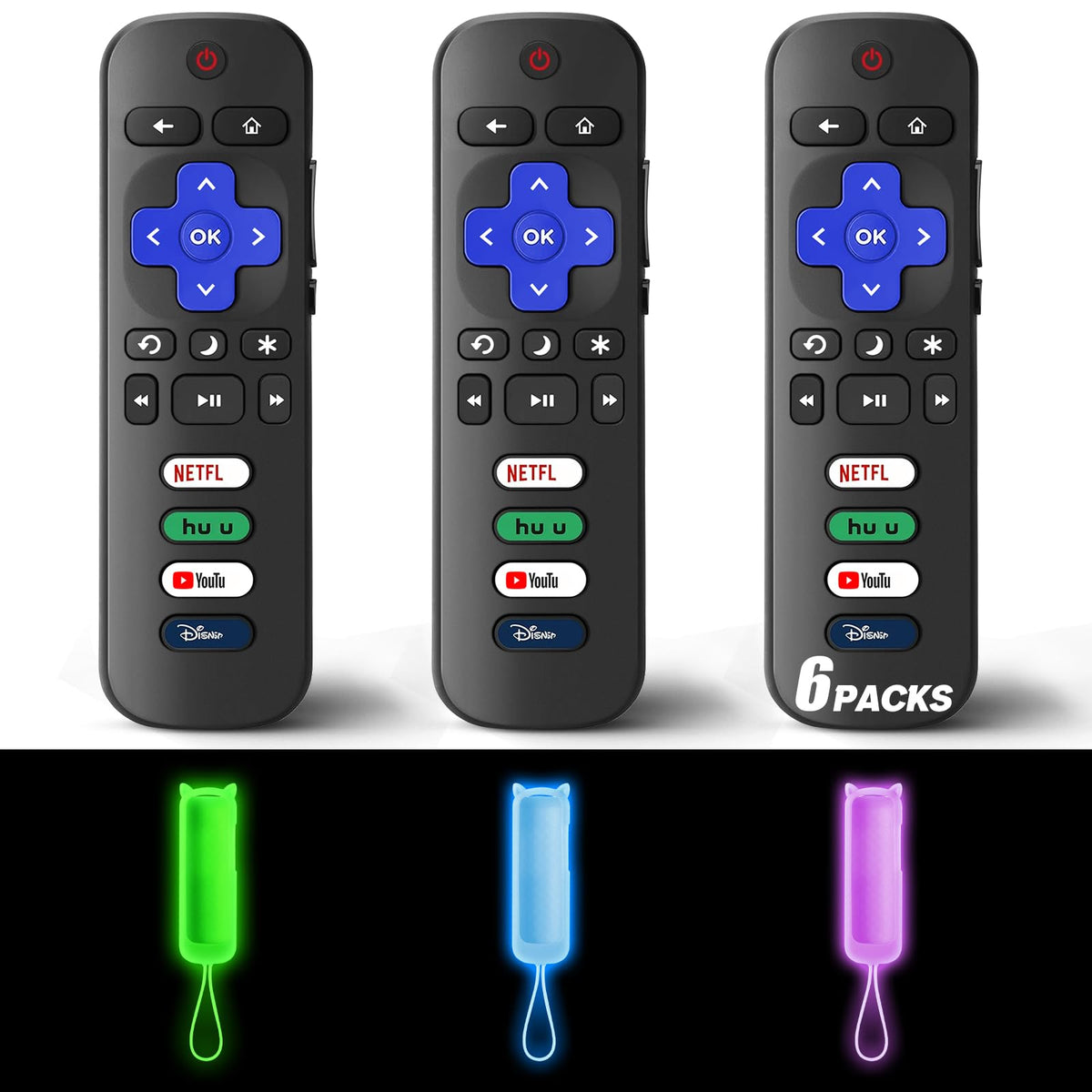 Wevove Roku remote pack-3 with glow cover improves nighttime visibility.