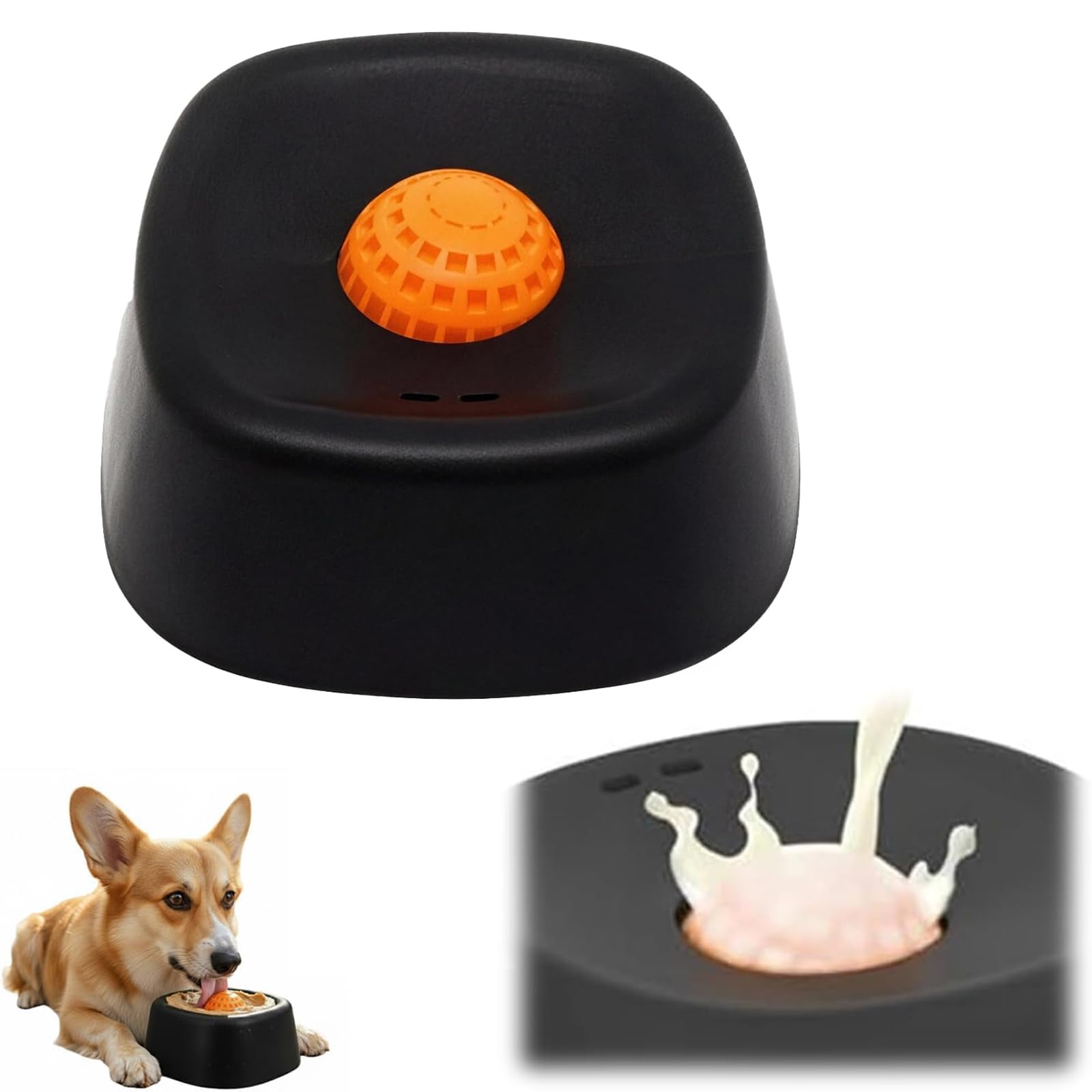 WFOFMO slow-feeder-lick-bowl shows rolling ball for calmer, extended licking.