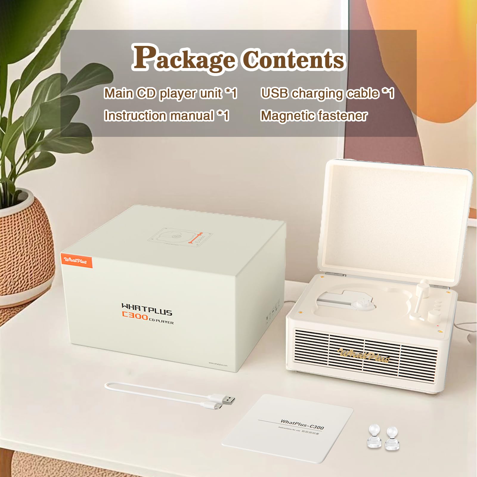 WhatPlus portable CD player with AUX/TF support for versatile playback.