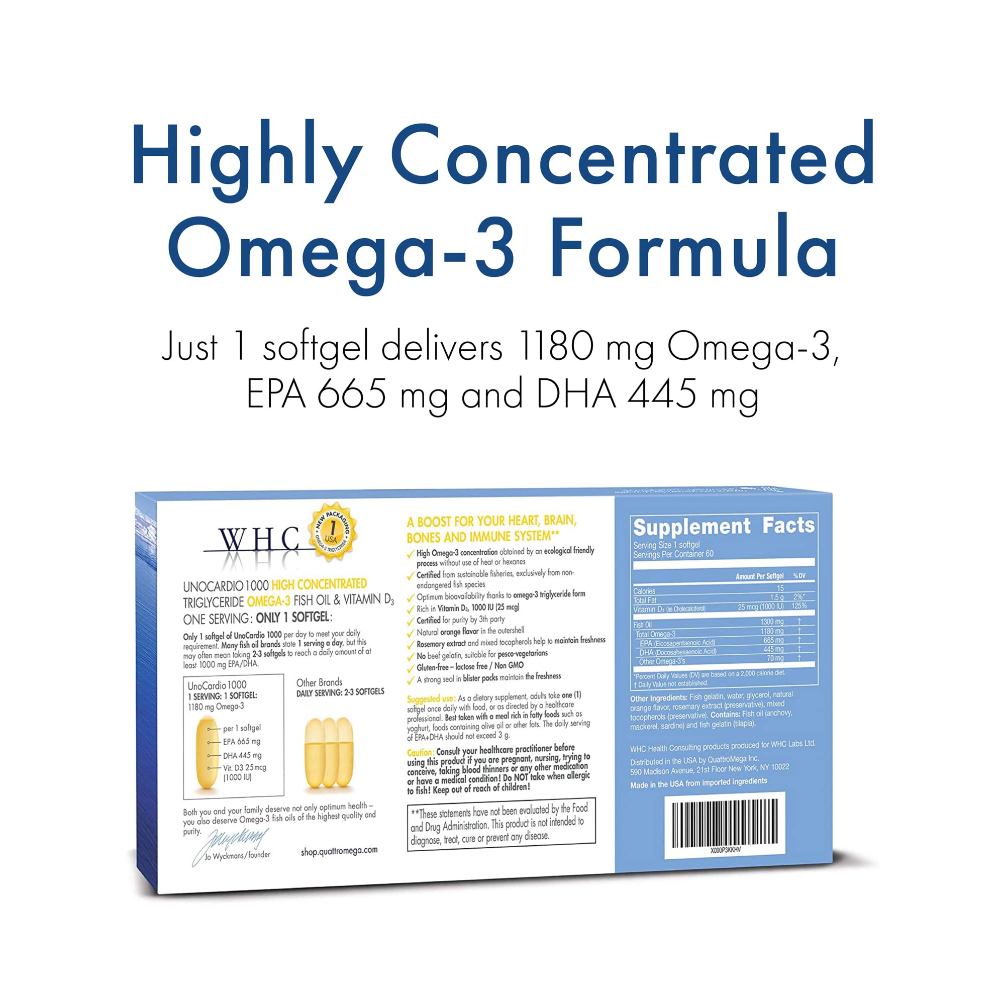 Close-up of WHC UnoCardio 1000 softgels showing orange coating