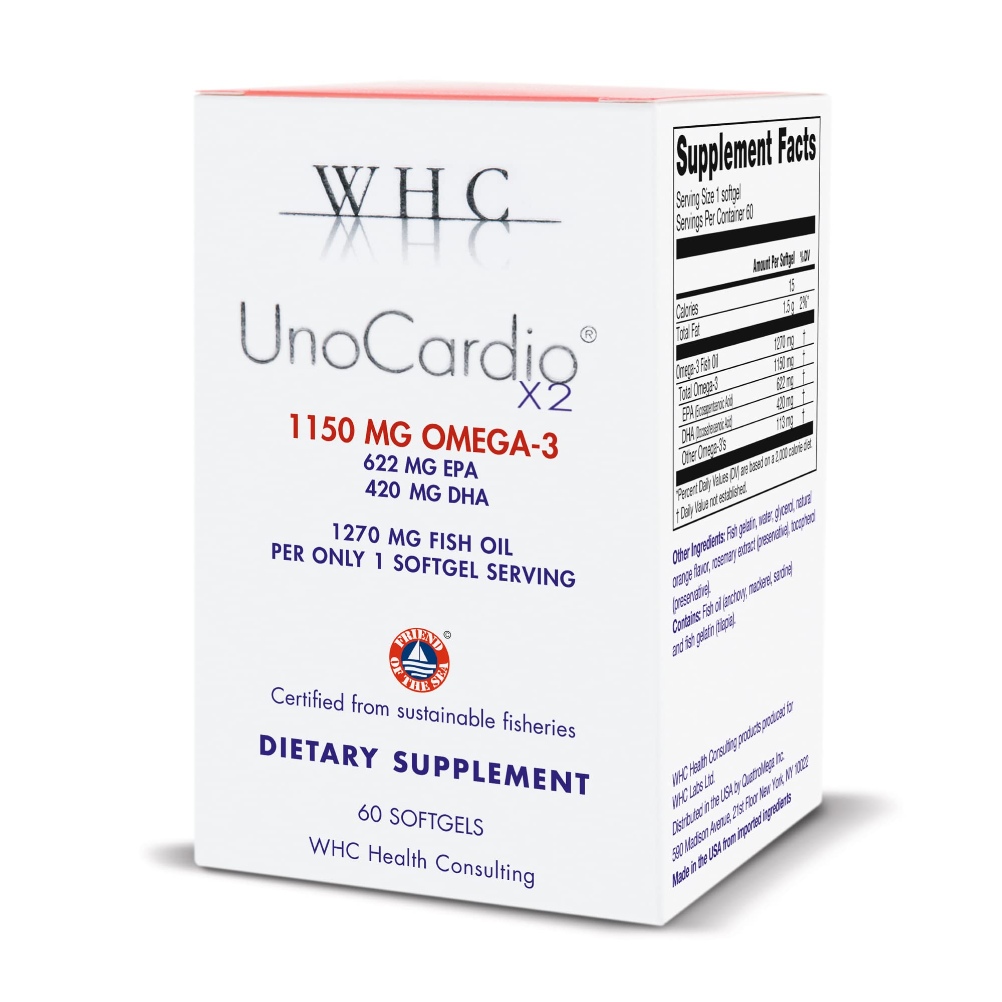 WHC UnoCardio X2 orange bottle highlights heart‑healthy omega‑3 formulation