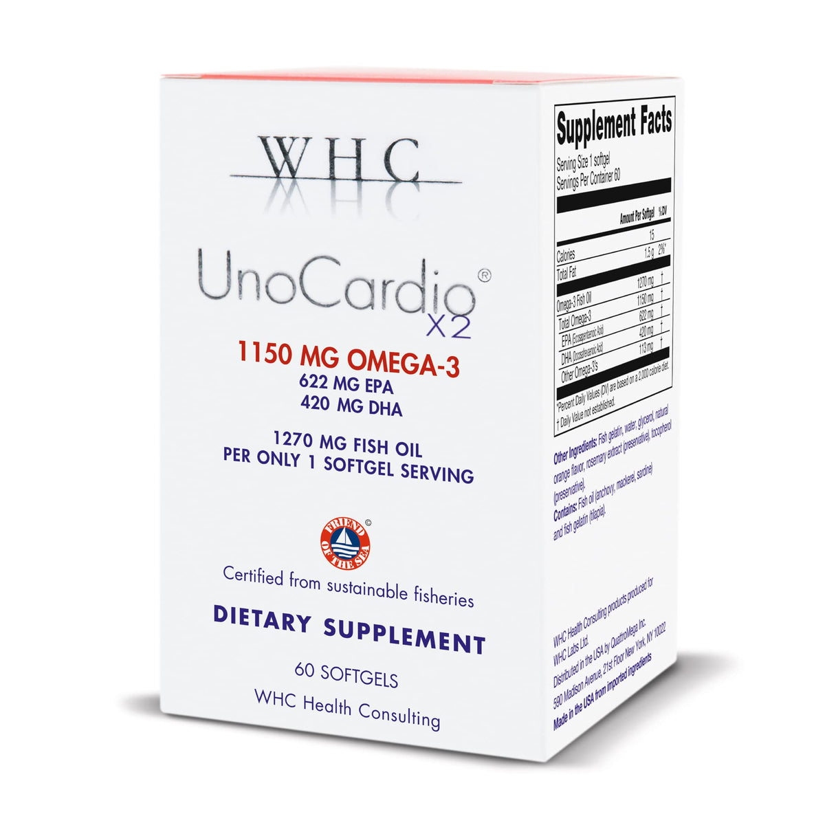 WHC UnoCardio X2 orange bottle highlights heart‑healthy omega‑3 formulation