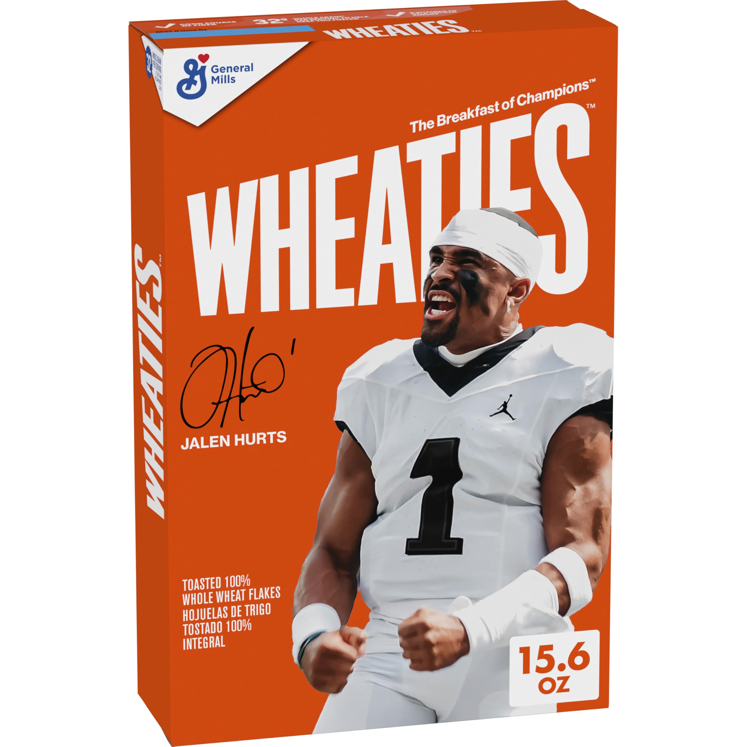 Wheaties cereal box featuring Jalen Hurts, collectible packaging for fans.