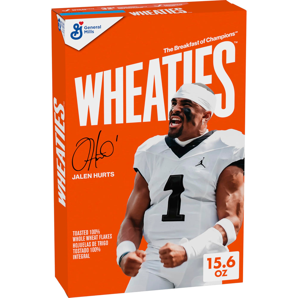 Wheaties cereal box featuring Jalen Hurts, collectible packaging for fans.