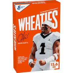 Wheaties cereal box featuring Jalen Hurts, collectible packaging for fans.