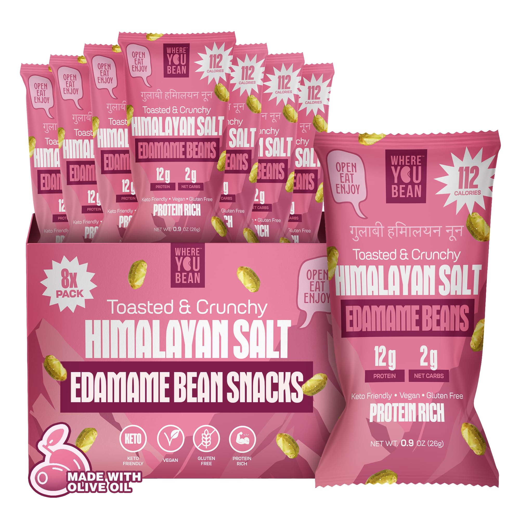 Where You Bean Edamame Snack Himalayan Salt pack of eight for on-the-go protein.