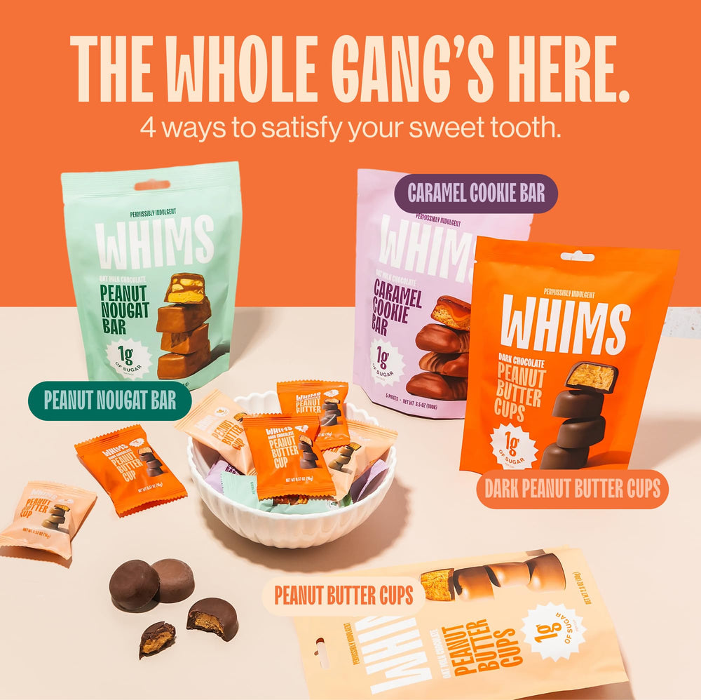 Whims Oat Milk Chocolate Peanut Butter Cups four-bar bag for convenient snacking.