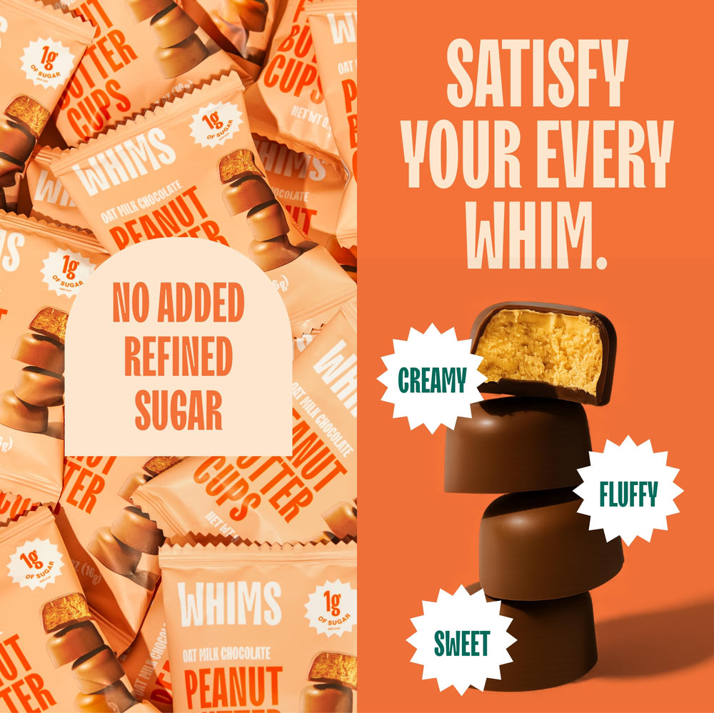 Whims Oat Milk Chocolate Peanut Butter Cups ingredient highlights dairy-free and monk fruit sweetening.