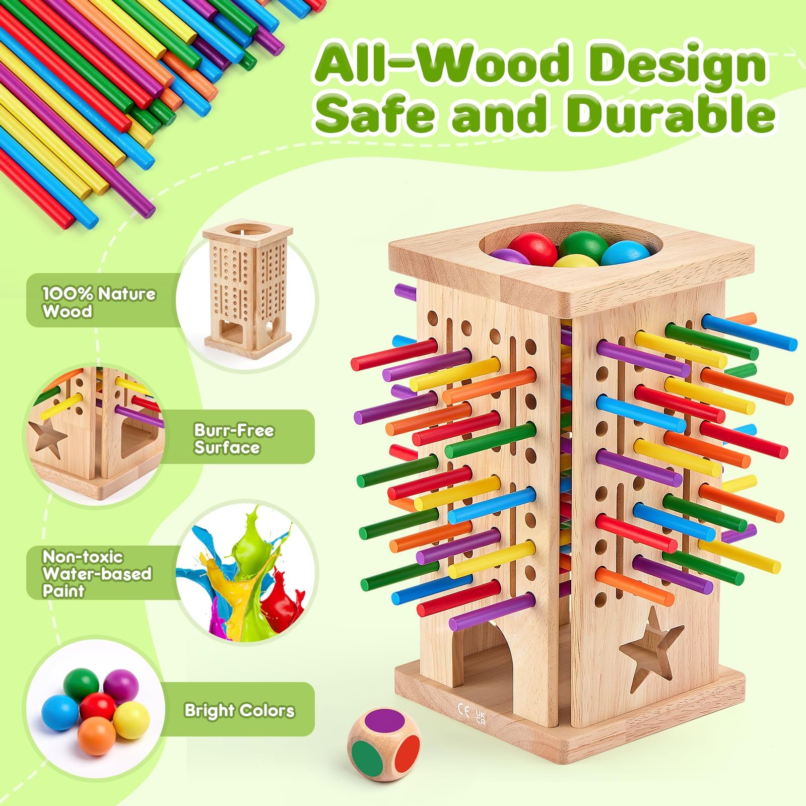 WhimsiPlay 42 colorful sticks promote color sorting and fine motor skills during play.