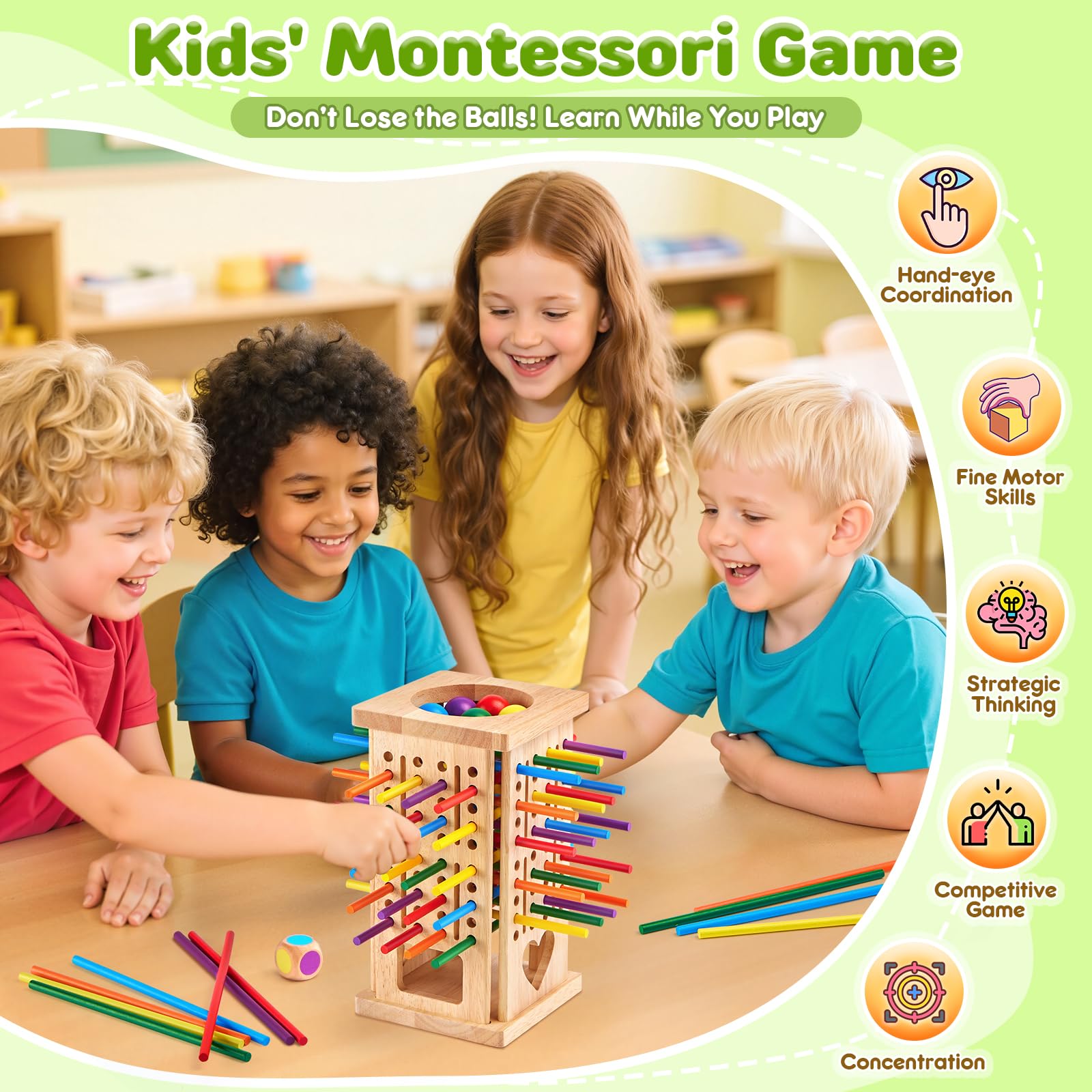 WhimsiPlay wooden tower provides sturdy balance for kids' strategic stacking games.