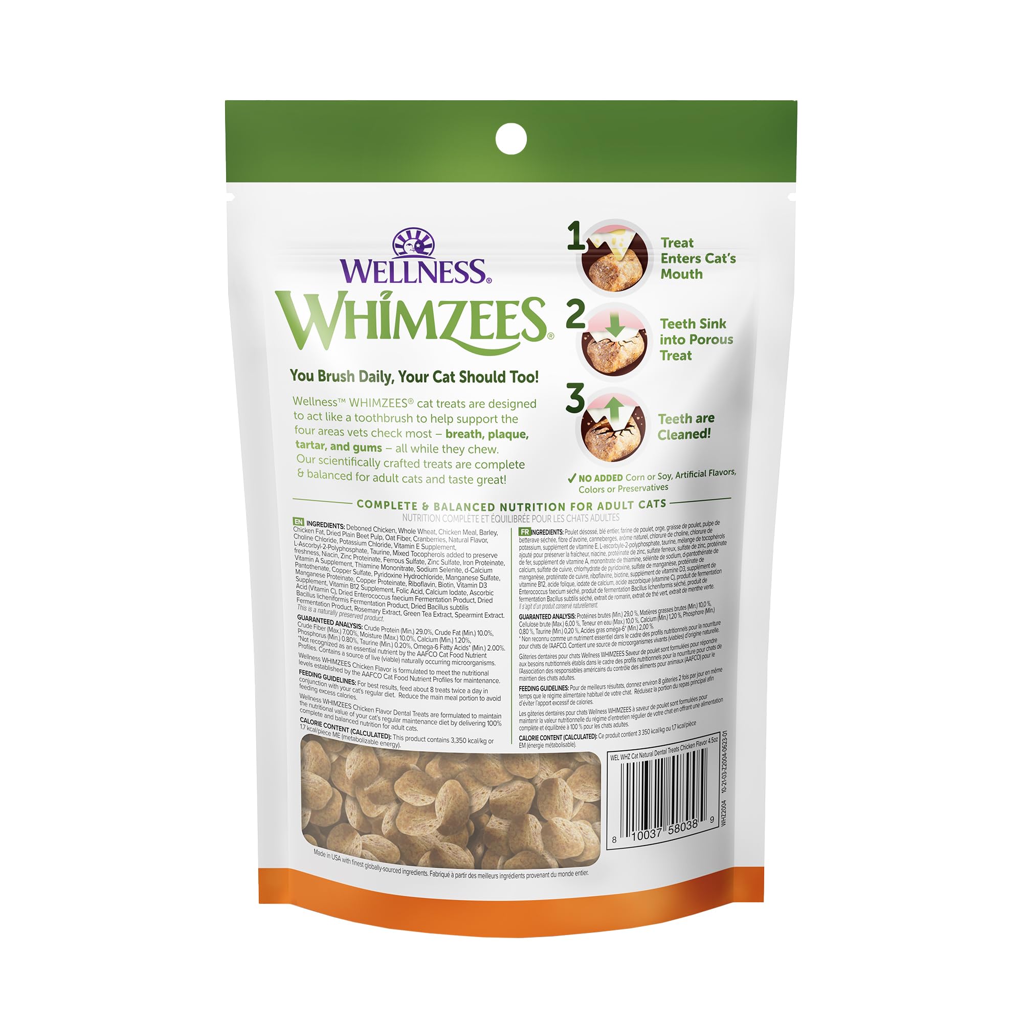 Whimzees Wellness cat dental treats made in USA highlighting quality