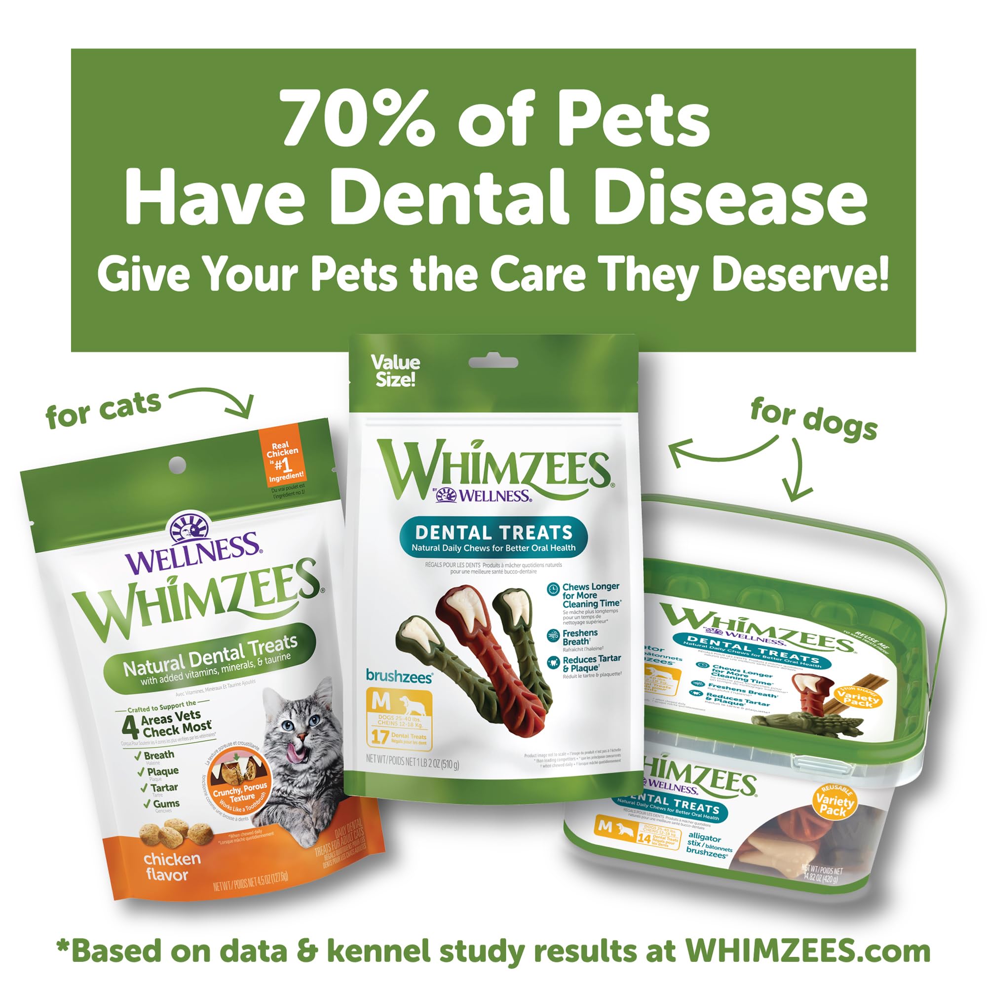 Whimzees Wellness cat dental treats packaging design emphasizing dental health