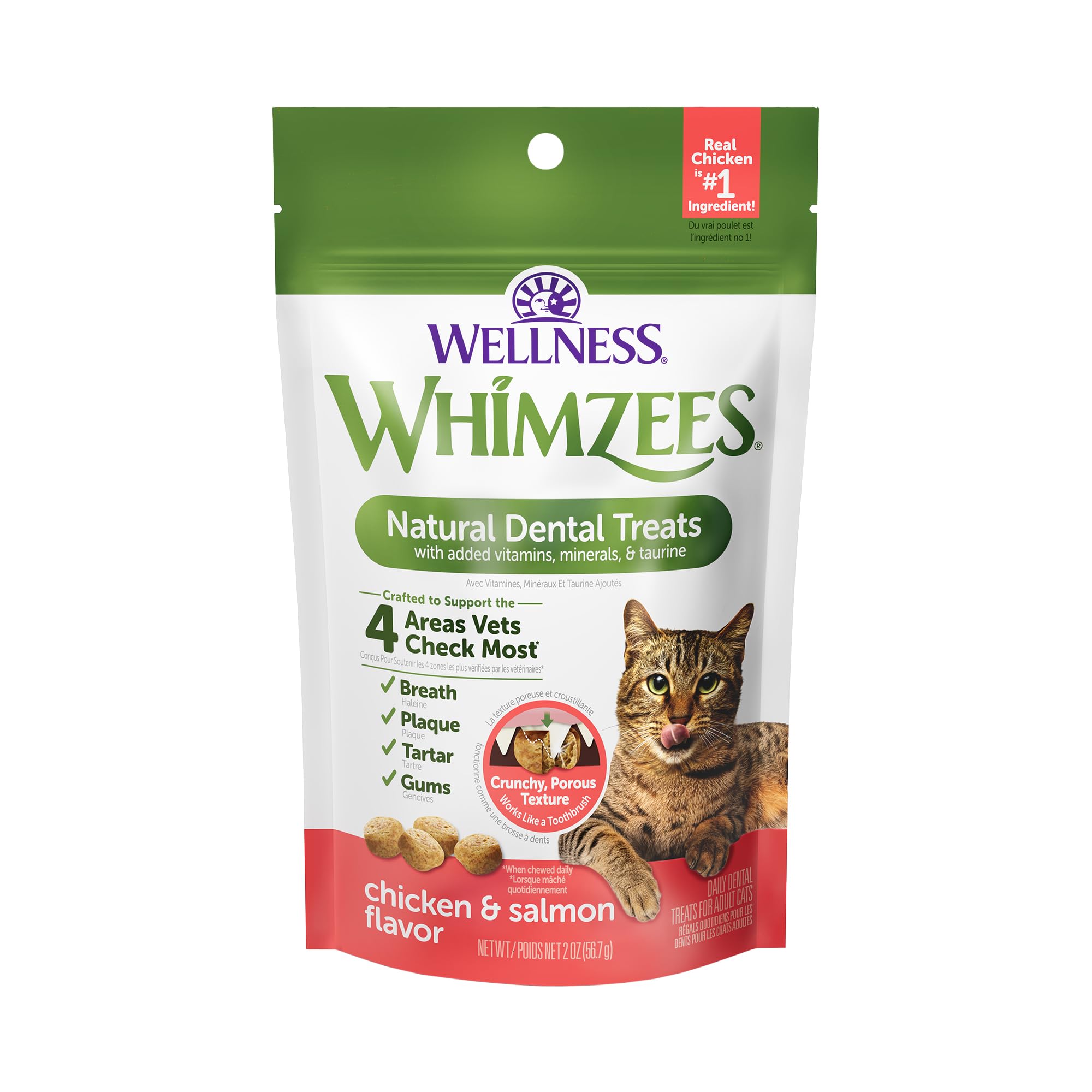 Whimzees Wellness cat dental treats in a 2oz bag with chicken and salmon flavor for cats