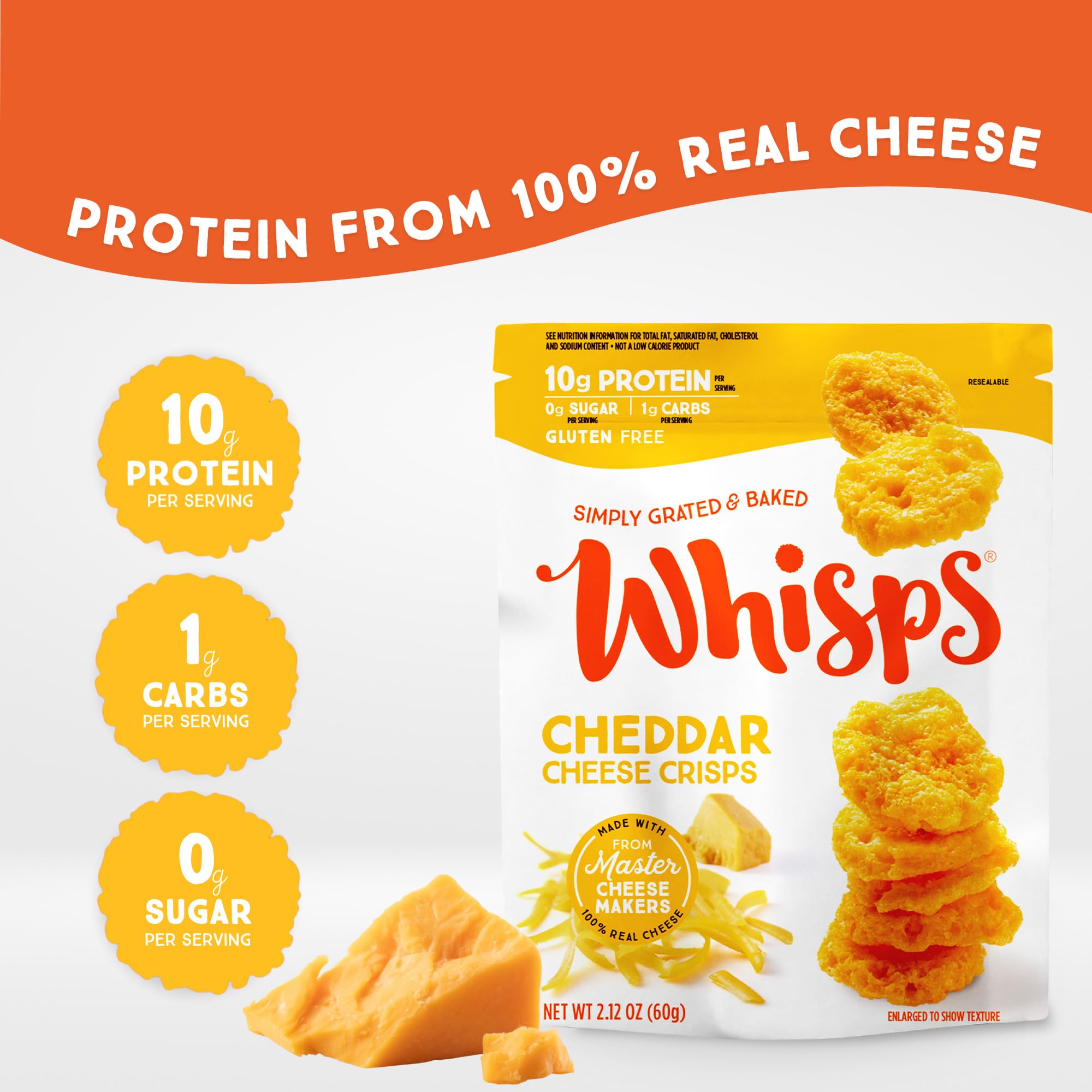 Whisps cheddar cheese crisps close up with golden edges