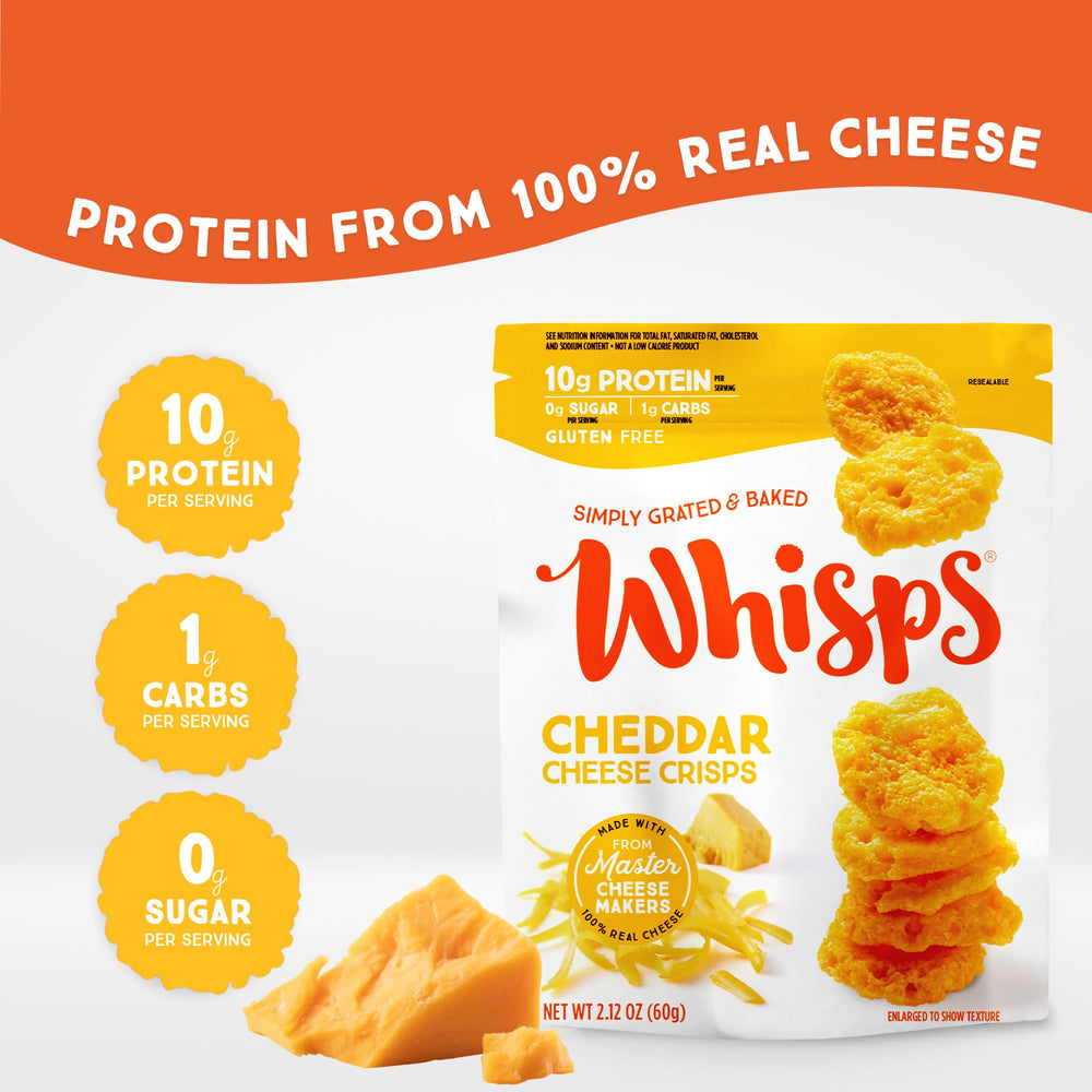 Whisps cheddar cheese crisps close up with golden edges