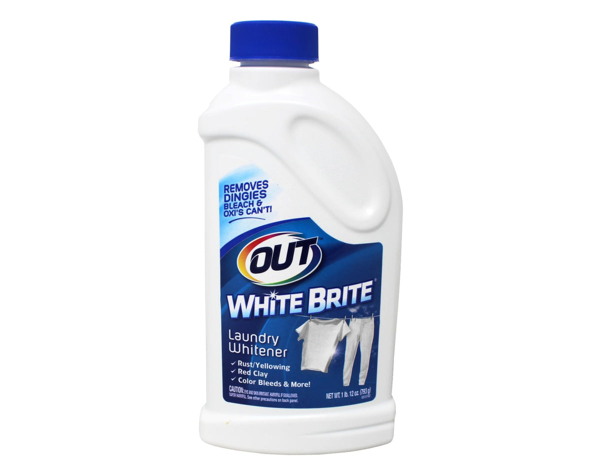 White Brite laundry whitener powder bottle showing safe whitening for whites and colorfast fabrics