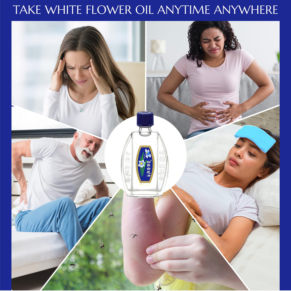 White Flower External Analgesic Balm Oil 10ml packaging highlights travel-friendly size.