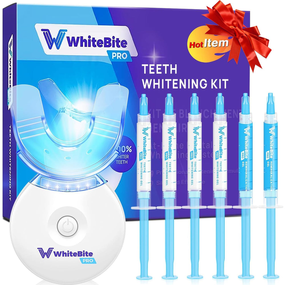 Whitebite Pro kit overview showing enamel-safe whitening gel for sensitive teeth and remineralization options.