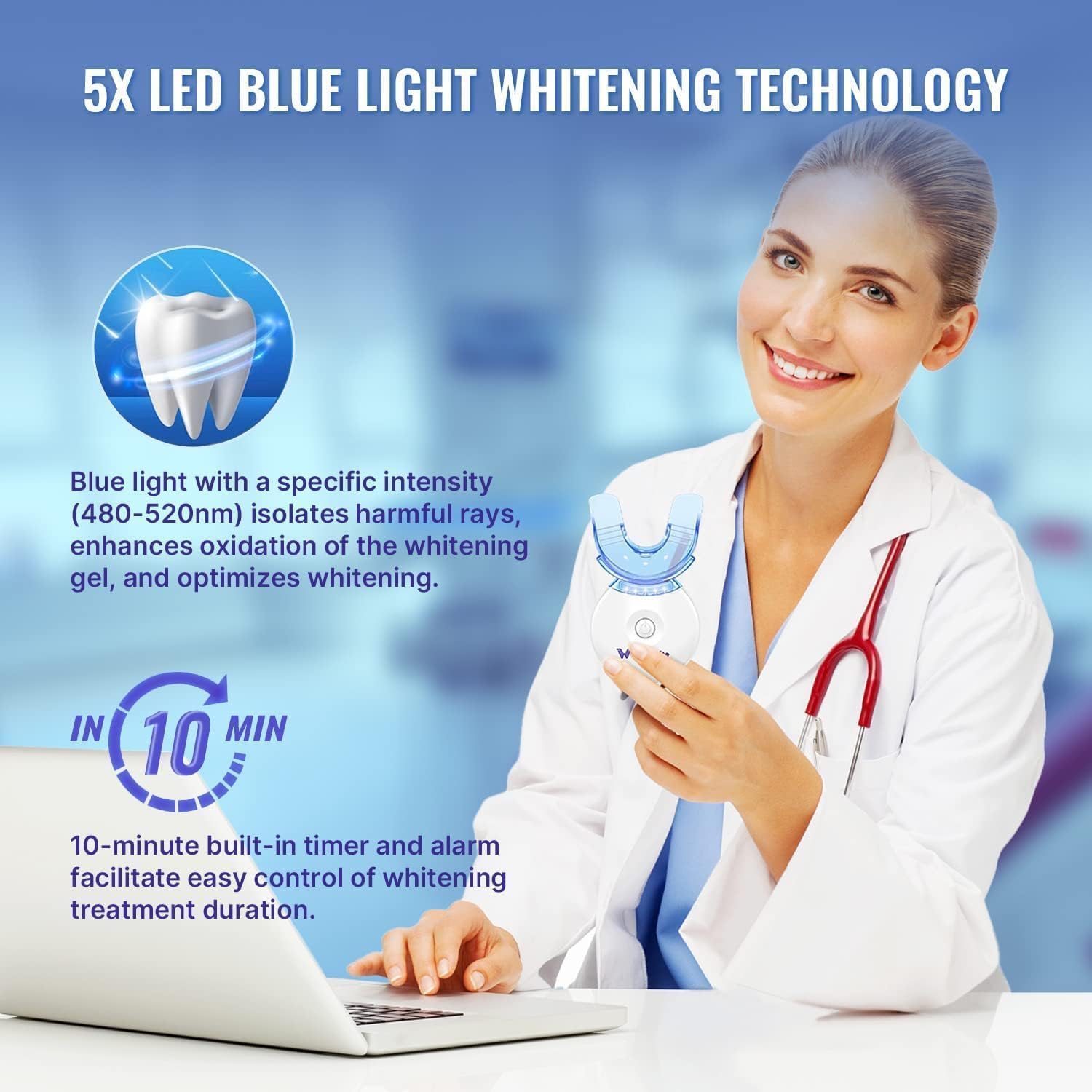 Whitebite Pro LED light activates whitening during a safe at-home session.