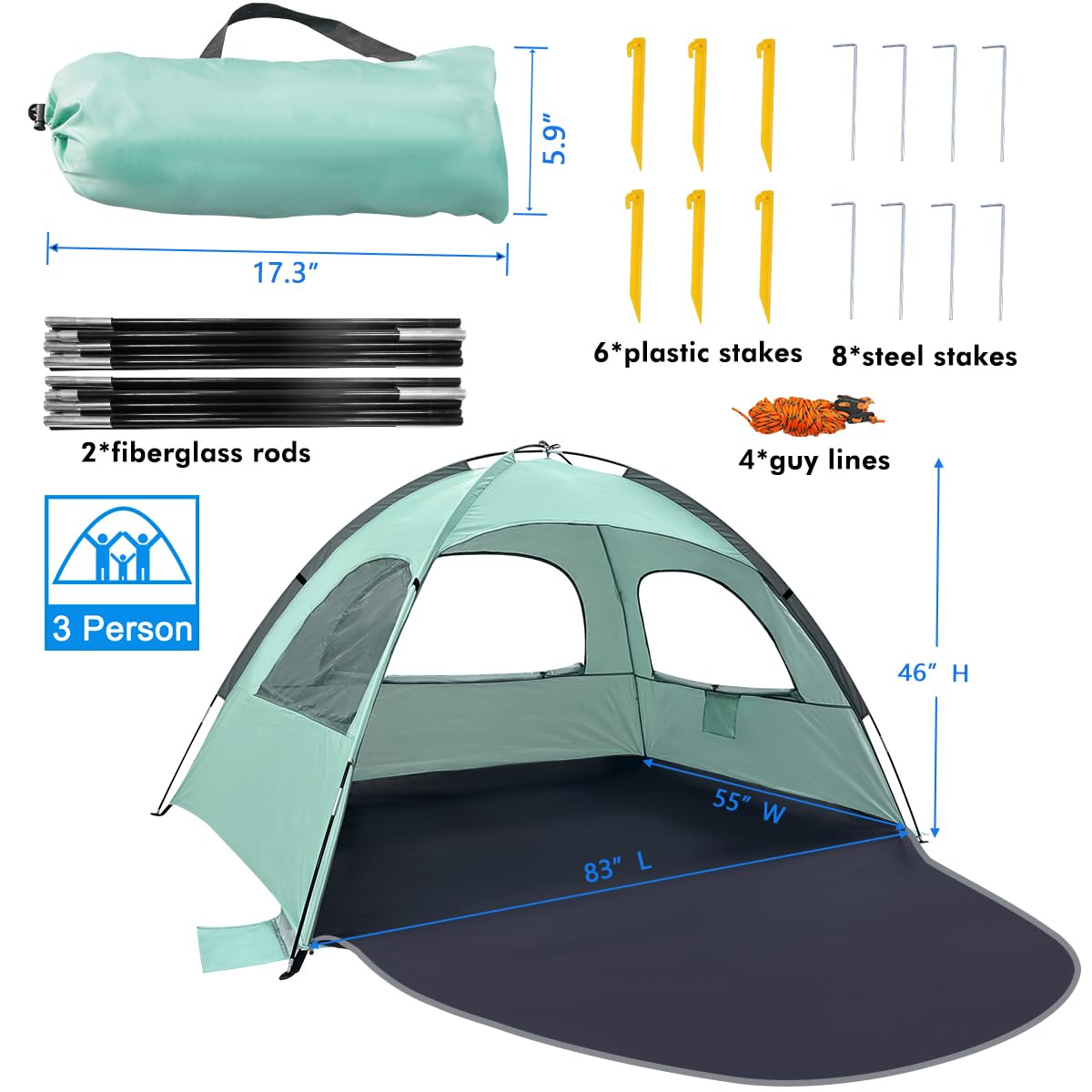 WhiteFang Beach Tent comes with stakes and sandbags for extra stability.