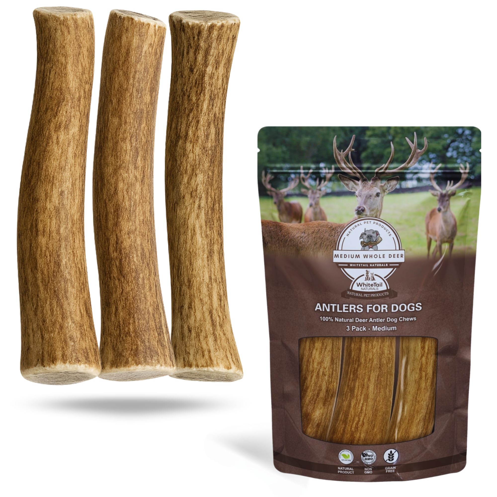 WhiteTail Naturals deer antler chews for medium dogs offer long-lasting entertainment.