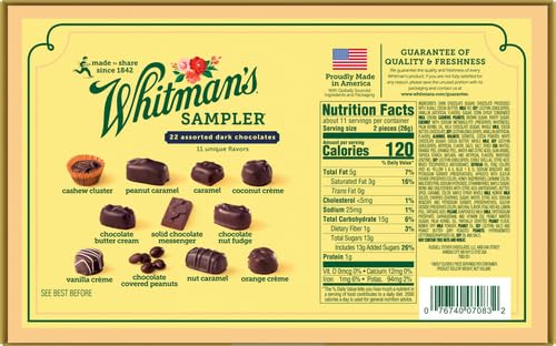Whitman's Sampler dark chocolate assortment closeup highlights rich textures and flavors.