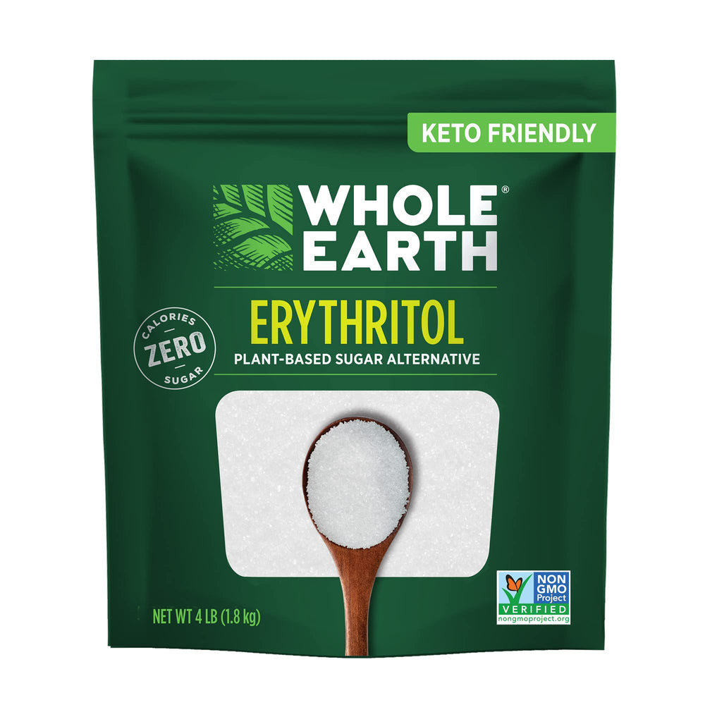 Whole Earth Erythritol 4 lb packaging, resealable pouch for zero-calorie sweetness