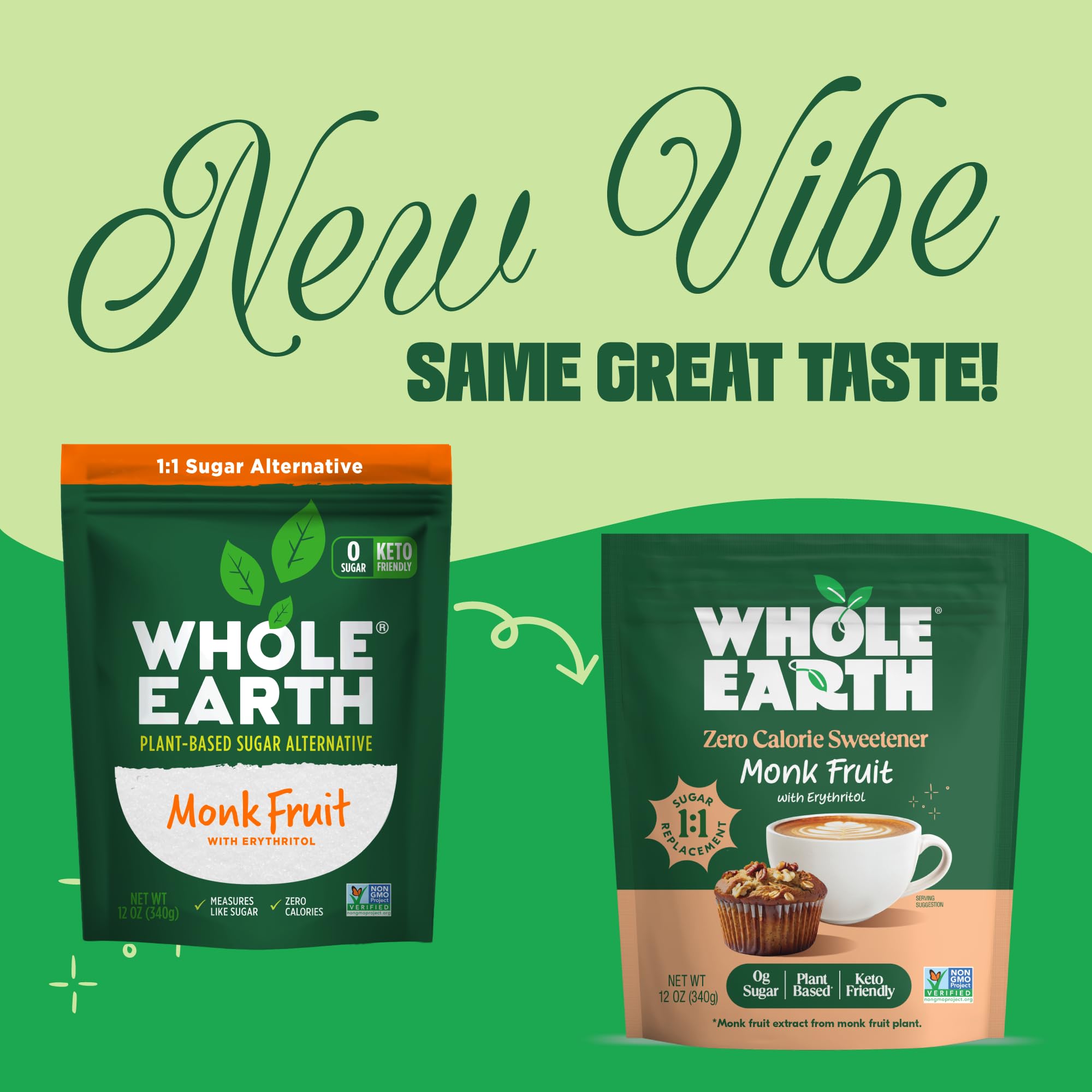 Whole Earth Monk Fruit Sweetener in a coffee cup highlighting easy coffee sweetness.