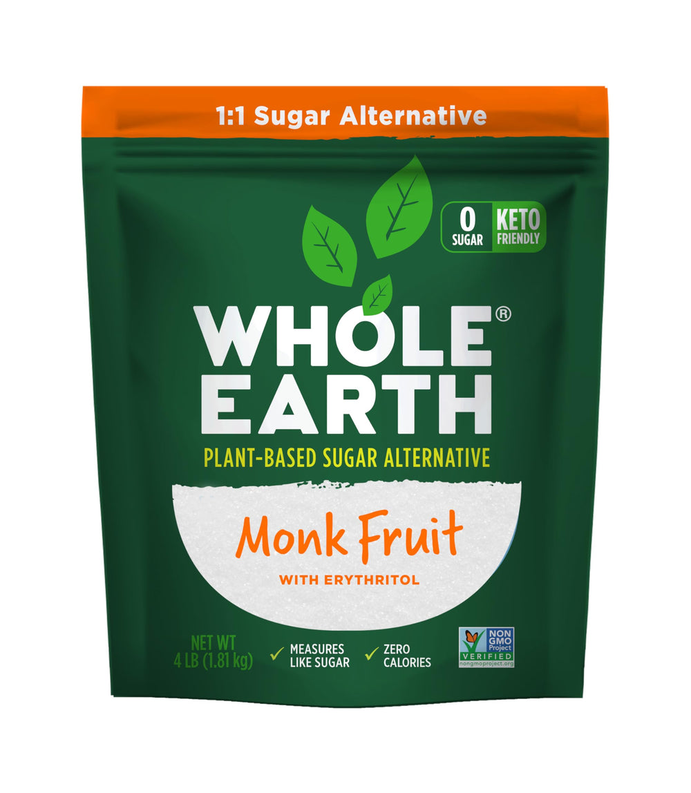 Whole Earth Monk Fruit Sweetener being poured into a cup of coffee for a low-calorie boost