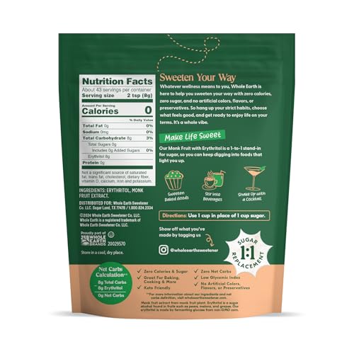 Whole Earth Monk Fruit Sweetener offers 1-to-1 sweetness for easy sugar substitutions.