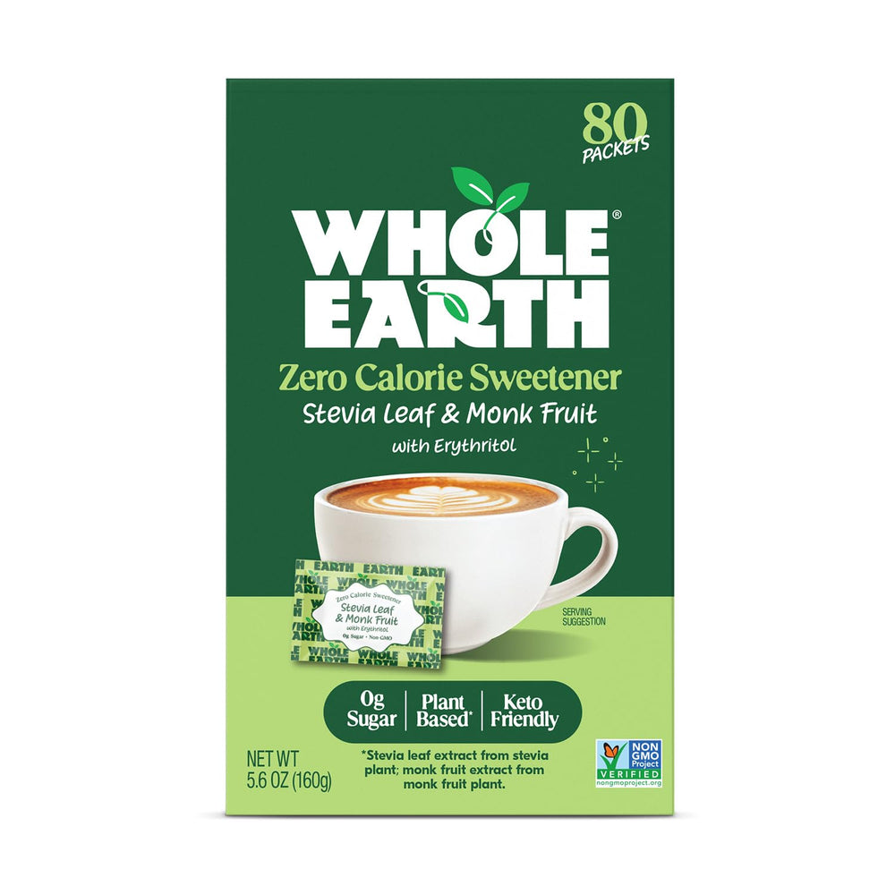 Whole Earth Nature Sweet packets front view showing zero-calorie sugar substitute for beverages