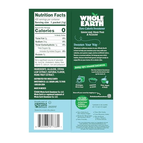 Whole Earth packets in a coffee cup showing 1:1 sweetness.