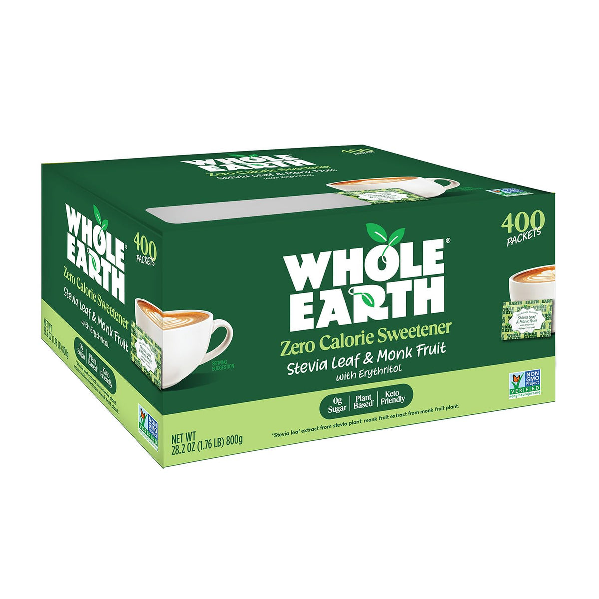 Whole Earth stevia and monk fruit packets on table for beverages
