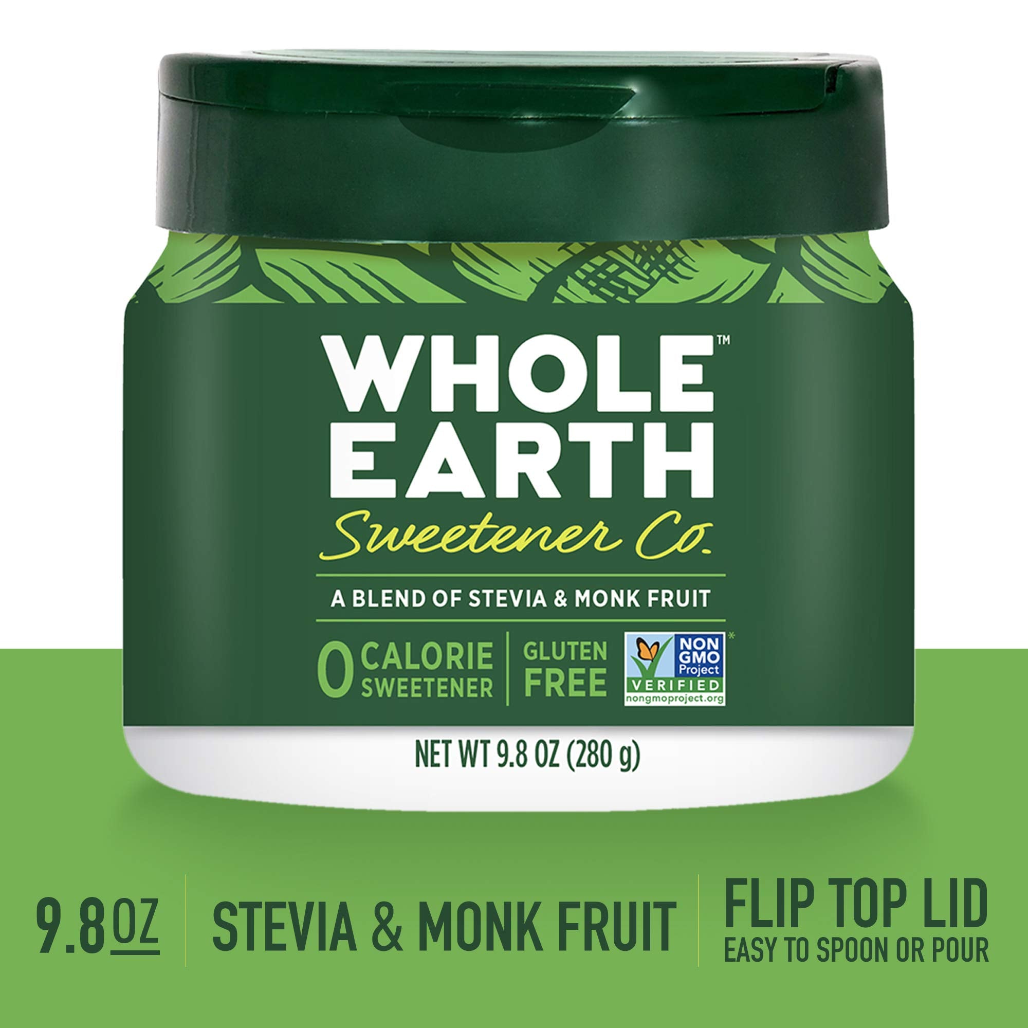 Whole Earth ingredients label highlights a four-ingredient stevia and monk fruit blend.