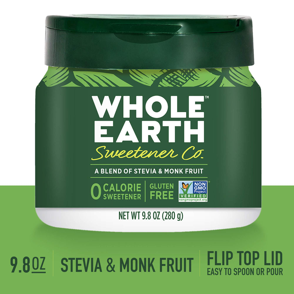 Whole Earth ingredients label highlights a four-ingredient stevia and monk fruit blend.