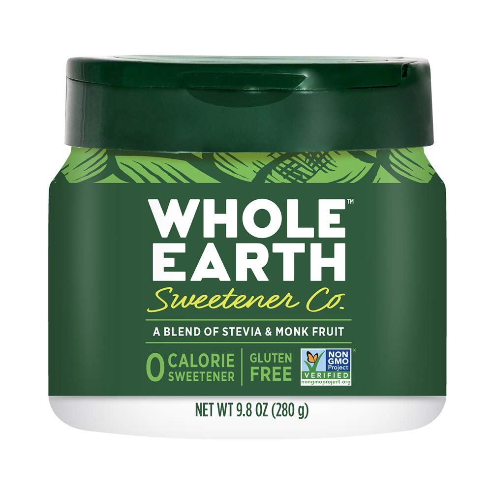 Whole Earth Sweetener jar front view with dual flip-top lid for everyday use.