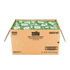Whole Earth Sweetener packets with stevia and monk fruit for sugar-free beverage sweetness.