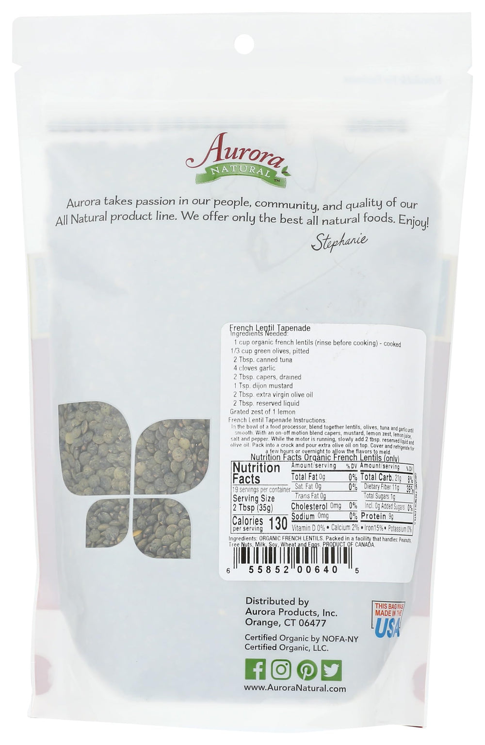 Aurora Organic French Lentils measured in cup for easy portioning.