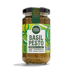 Whole Foods Market Basil Pesto jar with vibrant greens for quick pasta meals.