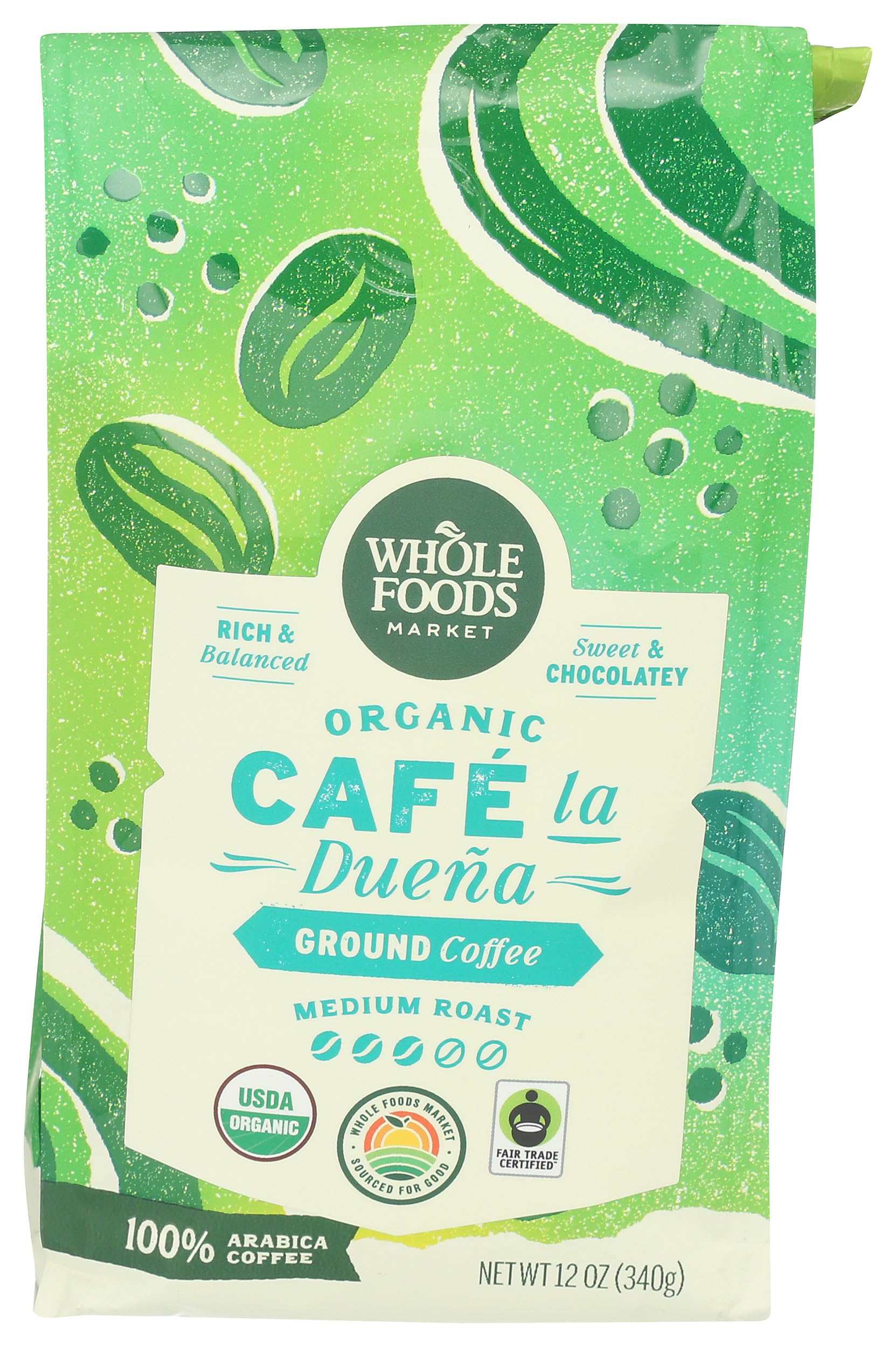 Whole Foods Market Café La Duena ground coffee bag radiates rich aroma for daily brew.