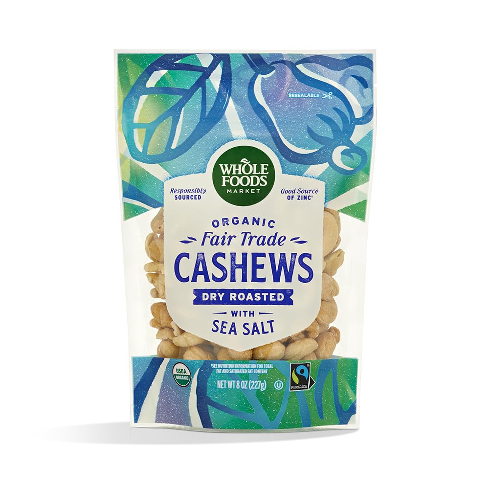Whole Foods Market cashews dry roasted with sea salt, an 8oz bag snack
