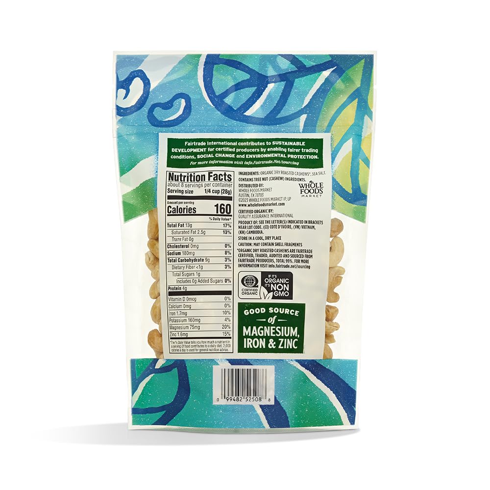 Whole Foods Market cashews in sealed bag packaging for freshness