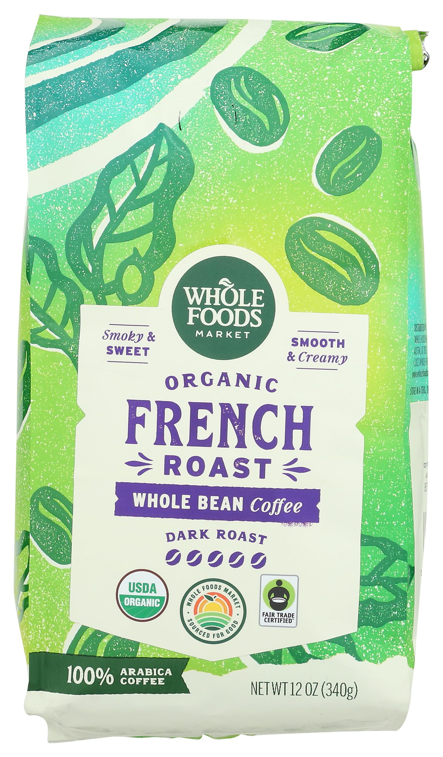 Whole Foods Market Dark French Roast bag with bold, smoky aroma for mornings