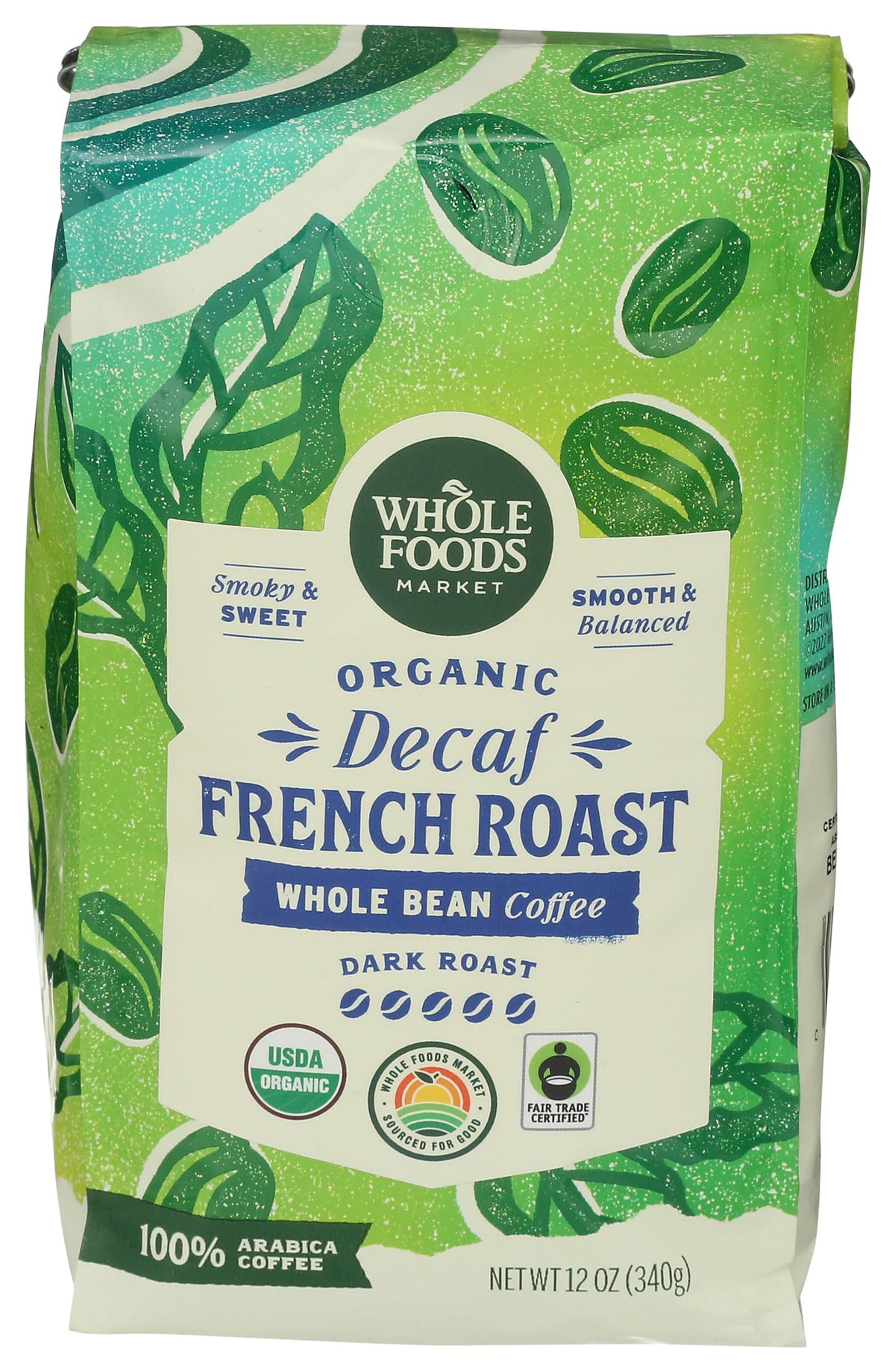 Whole Foods Market dark French Roast decaf bag with rich aroma for evening coffee
