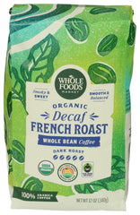 Whole Foods Market dark French Roast decaf bag with rich aroma for evening coffee