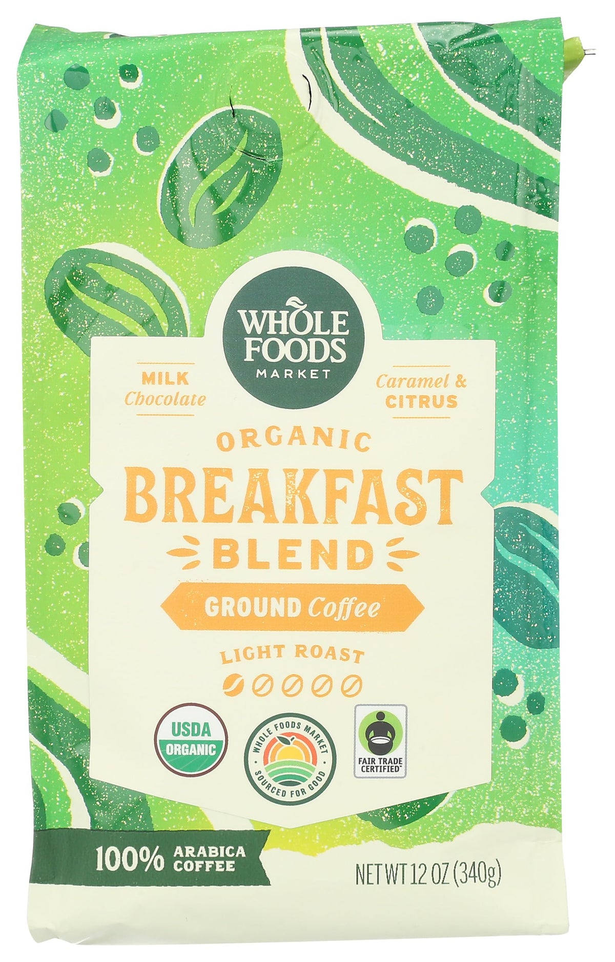Whole Foods Market Organic Breakfast Blend ground coffee bag, easy daily brew.