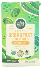 Whole Foods Market Organic Breakfast Blend ground coffee bag, easy daily brew.